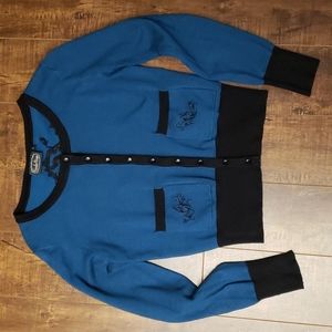 Voodoo Vixen teal/blue cardigan with floral and peacock embroidery